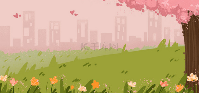 粉色樱花树背景图片_夏季粉色唯美花丛草丛樱花树背景