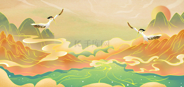 中国风山河绿色国风背景海报