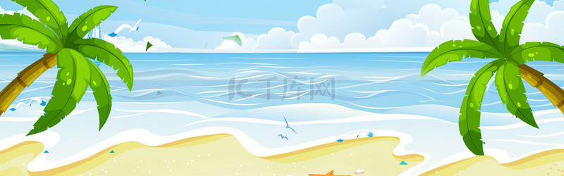 海洋卡通背景图片_夏季大椰树海水蓝色卡通banner