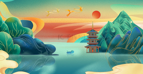 中国复古背景图片_国潮工笔画山水中国风背景