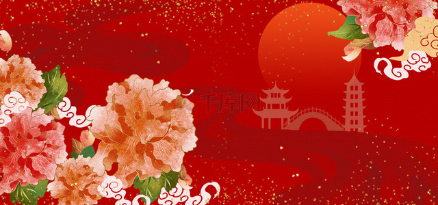 古风牡丹背景图片_红色中国风富贵花开古风背景