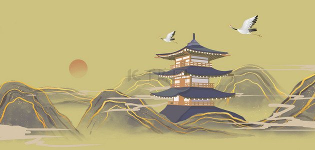 中国风山川塔楼黄褐色国潮海报背景