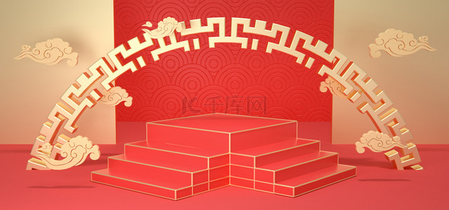 天猫金猫背景图片_C4D中国风红金中秋节背景