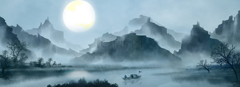 月亮古风背景背景图片_中国风水墨山水背景