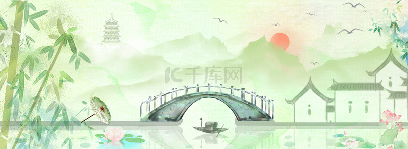 风雨廊桥背景图片_绿色春天古风山水廊桥背景