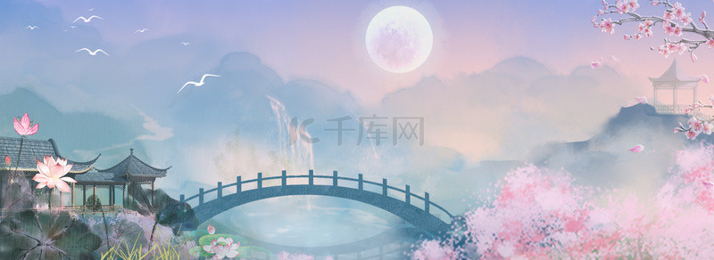 桃花水墨风背景图片_古风山水廊桥中国风山水背景
