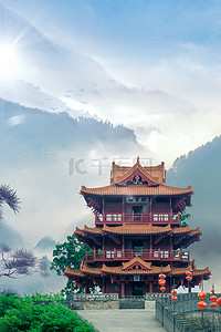 水墨背景图片_创意合成大气古代建筑古风背景