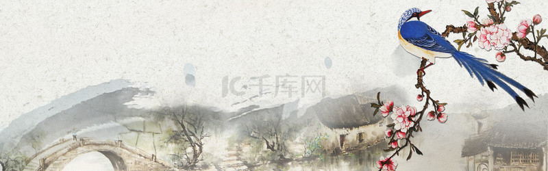 手绘水墨花植鸟灰色中国风banner