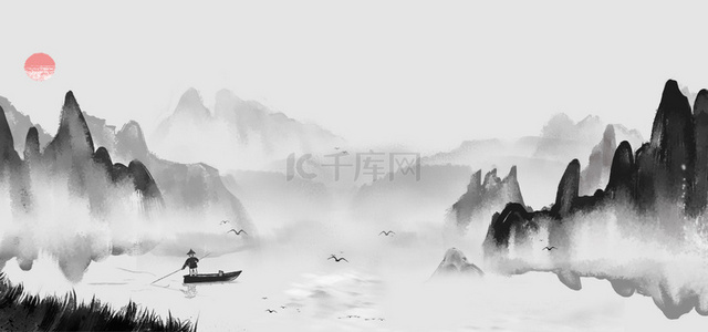 船只背景图片_中国风水墨山水山脉船只丛林背景