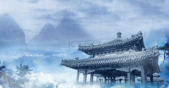 简约水墨古代建筑创意合成背景