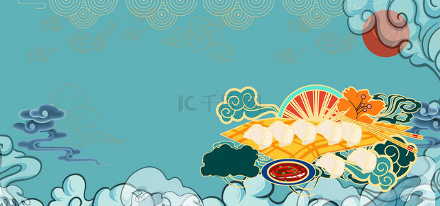 中餐美食背景图片_国潮美食饺子海浪纹