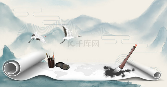 中国风卷轴古典复古背景海报