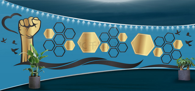 展示墙背景图片_简约蓝色企业文化墙3D空间