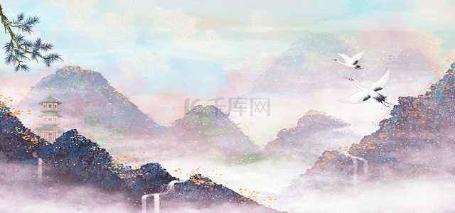 云雾远山背景图片_国潮远山云雾重彩中国风背景