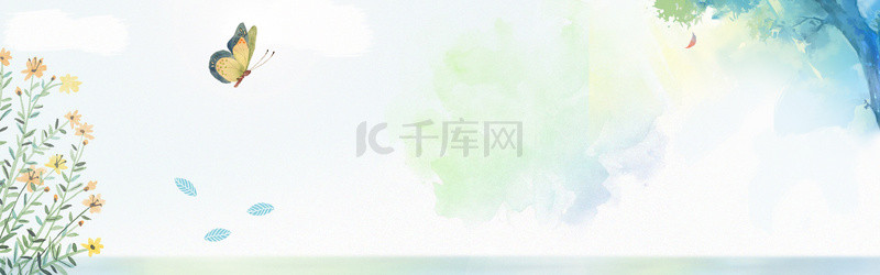 清新简约手绘花朵背景图片_清新蝴蝶手绘花朵绿色简约banner