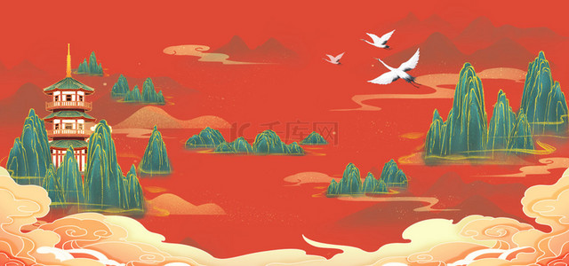 中国元素背景图片_国潮 山川云纹红色简约背景