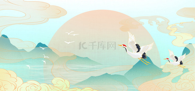 水中的鹅背景图片_国潮山水中国风海报背景