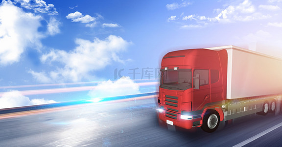 交通运输臂章背景图片_简约卡车运输蓝天创意背景合成