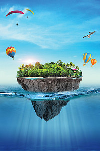 夏日电商背景背景图片_蓝色夏日海岛热气球旅游促销电商背景