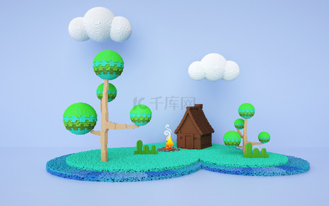 游戏背景图片_c4d像素风场景