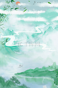 山意境背景图片_古风山水绿色中国风云雾缭绕山中景致