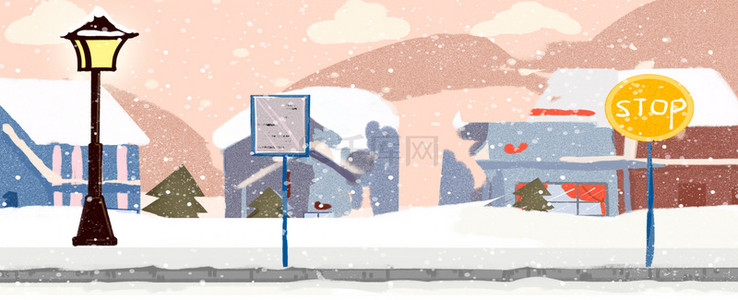 冬日车站下雪路灯街景海报宣传