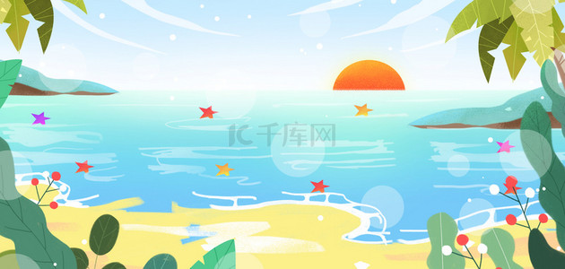 夏天夏日海边沙滩蓝天白云太阳背景
