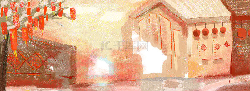 自然唯美梦幻红色过年春节手绘房子背景图