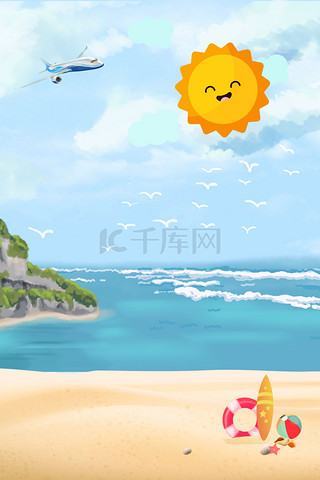 海边背景图片_大暑文艺卡通岸边海边沙滩飞机太阳背景