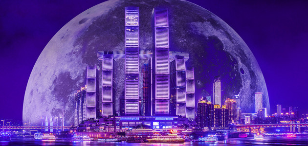 月球背景图片_赛博朋克夜晚城市