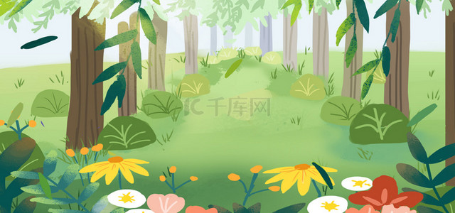 森林背景图片_立春时节绿色森林花草背景