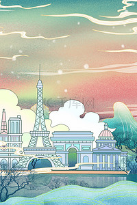 建筑背景图片_法国地标建筑中式国潮手绘背景