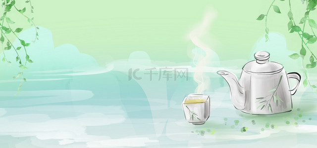 俯拍茶壶茶杯背景图片_茶茶壶蓝绿色清新