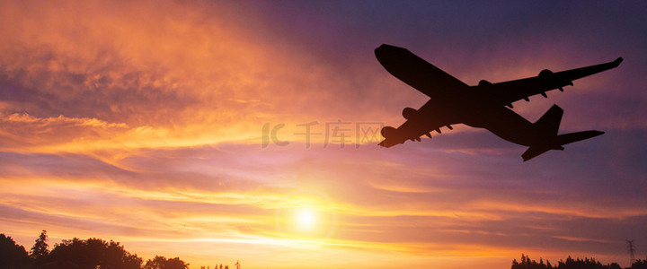 夕阳剪影背景图片_航空剪影夕阳创意背景合成