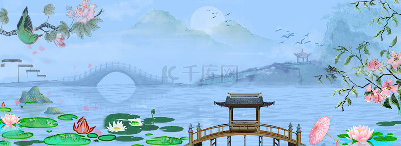 山水背景花鸟背景图片_蓝色春天古风廊桥长桥山水背景