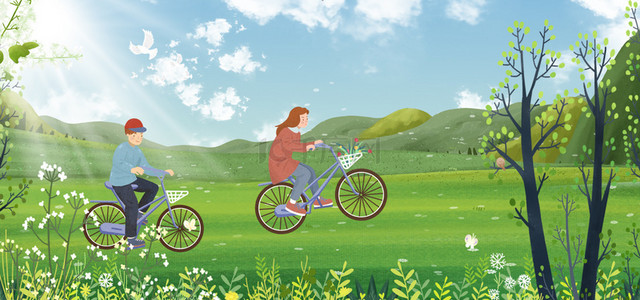 自行车出行背景图片_春天骑自行车绿色文艺清新野外郊游出行