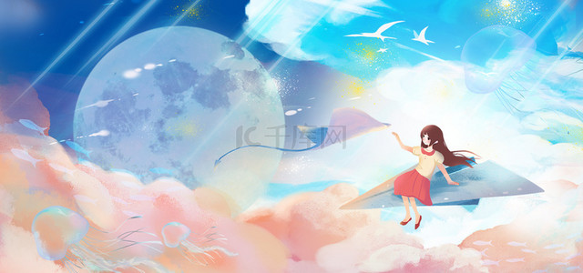 梦幻月球背景图片_儿童节女孩月球果冻色梦幻儿童节海报背景