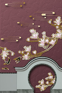 新中式玉兰花中式建筑装饰画