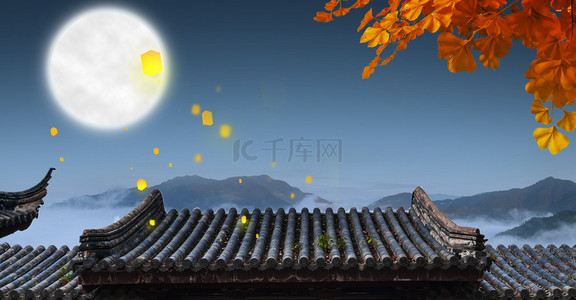 中秋节创意海报背景图片_创意合成中秋节古建筑月亮背景海报