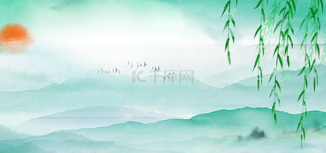 中国风海报绿色背景图片_清明节踏青绿色水墨中国风海报背景