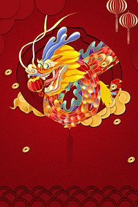 红色铜钱背景图片_龙抬头各种元素红色中国风背景