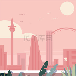 城市背景图片_粉色夕阳城市中绿荫道旁的走廊卡通简约背景