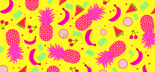 粉黄色菠萝香蕉波浪线西瓜水果背景