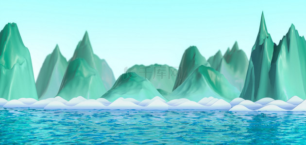 海洋卡通背景图片_C4D山体海洋青色立体卡通背景