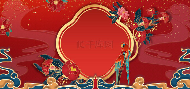 中国风花卉边框背景图片_国潮浮雕红色创意背景合成