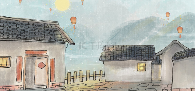 中国风古风水墨建筑古建筑山太阳许愿灯背景