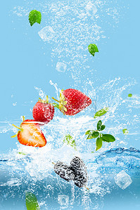 夏日水果草莓蓝色清新水花