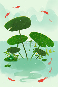 夏日立夏清凉池塘鱼群荷叶青蛙广告背景