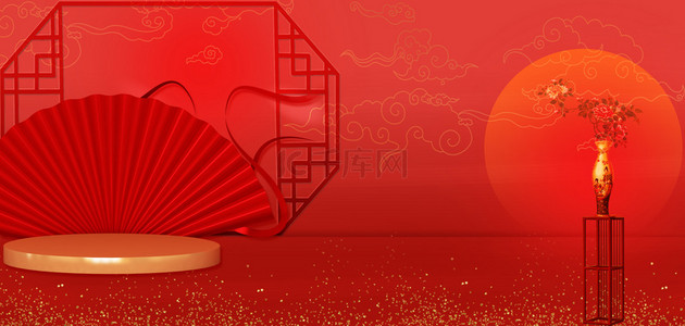 天猫红色海报背景图片_红色中国风中式花窗