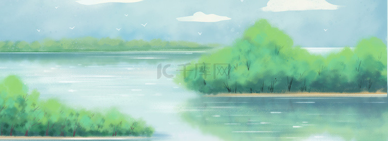 自然湖边风景灌木丛绿色背景图